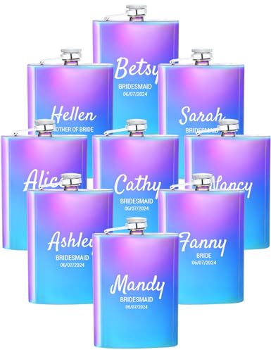 Lot de 9 flasques personnalisées pour femme, 8oz/227ml, en acier inoxydable gravé pour demoiselle d'honneur, flasque personnalisée pour fête de mariage, cadeau d'anniversaire (multicolore)