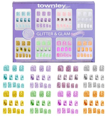 Townley Girl 96 PC Press-On Nails Set, Glitzer und Glamour, 8 verschiedene Mix-and-Match-Sets, selbstklebende Kunstnägel für Erwachsene，3 Jahre und älter
