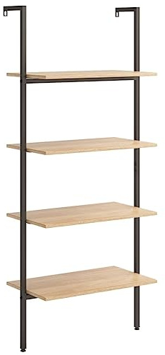 vidaXL Anlehnregal mit 4 Ablagen Bücherregal Büroregal Standregal Aktenregal Leiterregal Wandregal Bücher Regal Hellbraun Schwarz 64x35x152,5 cm