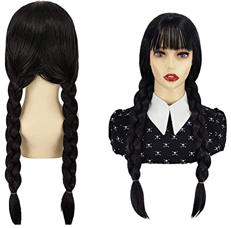 Wednesday Perücke, Lange Schwarze Geflochtene Perücken Mit Pony, Perücke Damen, für Party Fasching Karneval Halloween Cosplay