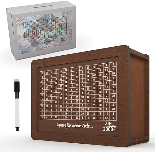 Spardose aus Holz mit Sparziel, Fertig Montiert, Wiederverwendbare Sparbox mit Zahlen, Geldkassetten/Sparbüchse für Erwachsene & Kinder zum Ankreuzen,Sparschwein mit Folienstift kakeibo Technik