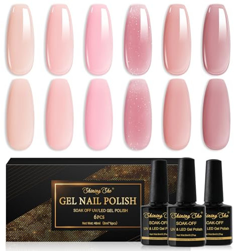 Shining She Gel Nail Polish, 6 Color Nude Pink Jelly Nail Polish Kit Transparent Nail Polish Soak-Off UV/LED Nail Polish Gel for Nail Art Salon DIY Home, 8ML
