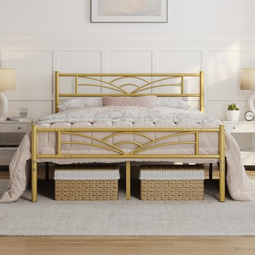 Yaheetech Lit Double Cadre de lit en Métal Assemblage Simple pour Petits Espaces Adultes 140x200cm Or Antique