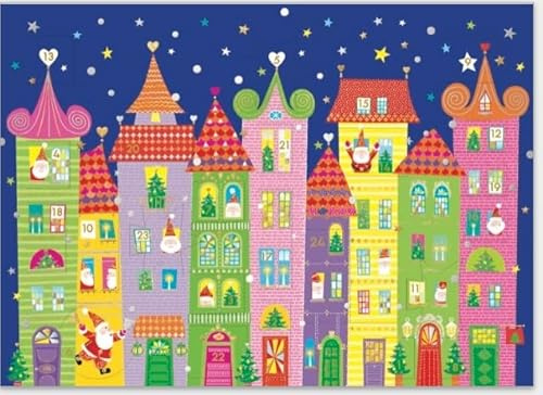 Kleiner hochwertiger Adventskalender mit 24 Bildern als doppelseitige Grußkarte zum Verschicken mit goldenem Umschlag, made in Germany (Dorf bei Nacht)