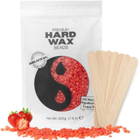 DELUXUS Wachsperlen, 500g Hartwachsperlen Brasilianisches Bikiniwachs mit 10 Applikatoren, Wachsperlen für Gesicht, Oberlippe, Beine, Achselhöhle, Augenbrauen für feine Haarentfernung(Erdbeere)