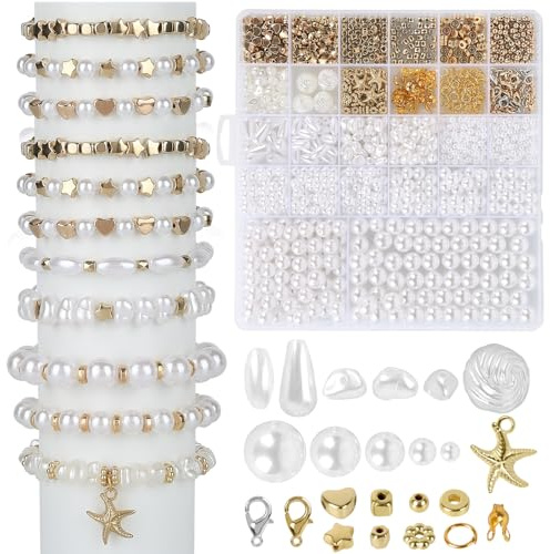 TOPBELIEF 1542 Stück Perlen zum Auffädeln, 4/6/8/10/12mm Weiße Perlen, Unregelmäßige Geformte Kunstperlen, Bastelperlen, Perlenset für Armbänder Erwachsene, Ketten Selber Machen Set