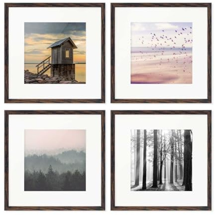 PHOTOLINI Bilderrahmen 30x30 Eiche Dunkel aus MDF-Holz, 4er Set Poster-Rahmen mit Passepartout, bruchsicheres Acrylglas, zum Aufhängen, extra Zubehör - für Fotos & Poster