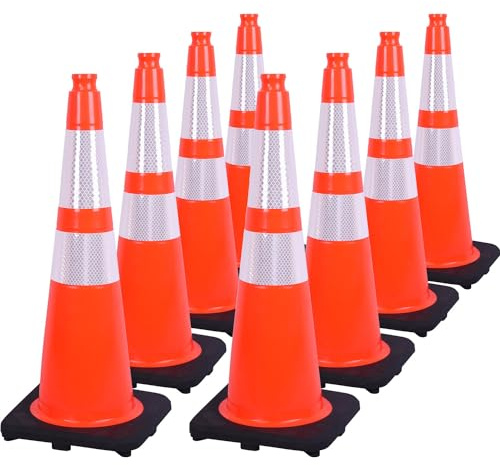 OranLite Fluorescent Orange PVC Traffic Cones, Heavy-Duty Black Base Garage Parking Lot Cones Structurally Stable Weatherproof Road Construction Safety Cones (8, Orange, 28 Large)