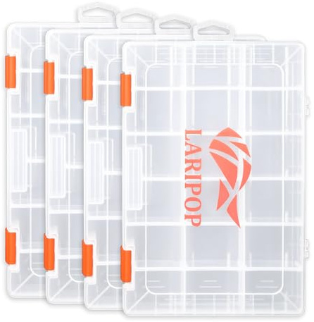 LARIPOP 4-Pack 3600 Fishing Tackle Boxes, Clear Plastic Storage Trays with Adjustable Dividers, Organizer for Lures, Hooks, Sinkers, Jigs & Fishing Accessories