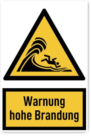 Aufkleber: 300x200 mm, 1 Stück - Warnung hohe Brandung - Warnzeichen mit Text (deutsch) (gelb/schwarz) - hochkant - W065 - DIN EN ISO 7010 / ASR A1.3