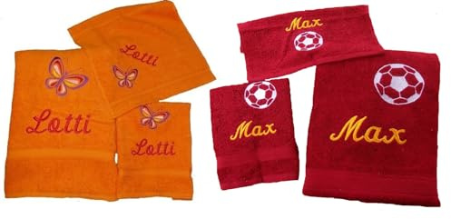 Wuff-Dogsworld Handtuch-Geschenk-Set 3 teilig Farb-Motiv-Wahl mit Namen Bestickt Schmetterling Krone Hund Fussball Katze Herz Stern Ente Waschlappen Bade-Hand-Tuch Duschtuch personalisiert Baumwolle