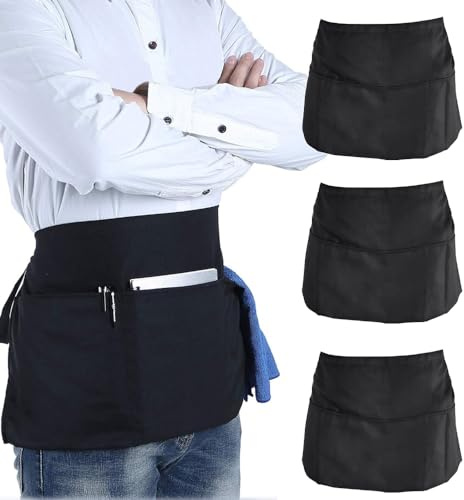 NAROSEBE 3 Pezzi Grembiule Mezzo 60*30cm Nero Tasca Unisex per Ristorante e Bar
