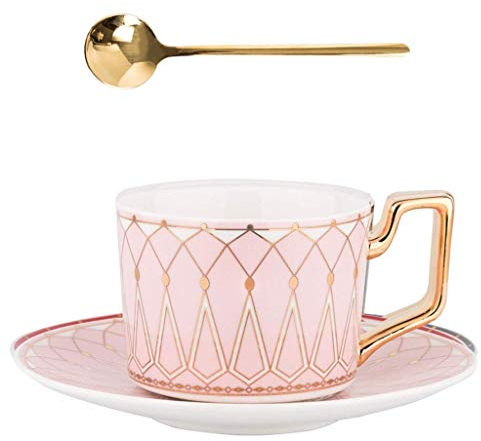 JKJZSALJ Moda Geometria Modello Tazza da caffè E Piattino Porcellana Blu Rosso Rosa Verde Tazza da tè Piatto Cucchiaio Set Regali da Uomo Decorazioni per La Casa