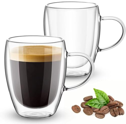 Ulrikco Juego de 2 tazas de café de vidrio de doble pared de 350 ml, tazas de café de vidrio transparente con doble aislamiento con asa, tazas de vidrio de borosilicato transparente, tazas de espresso