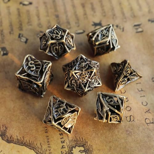 Metall DND Würfel Set 7 Blatt DND Würfel Hohl Polyeder Bronze Würfel D20 D12 D10 D% D8 D6 D4 für Dungeons & Dragons RPG Brettspiele Tischspiele RPG MTG Spiele
