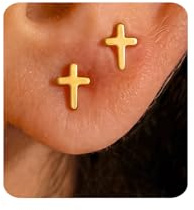 MUMREUES Boucles d'oreilles plaquées or 14 carats avec croix - Hypoallergéniques - Imperméables - Minimalistes - Cadeaux, Argent sterling, Zircon cubique