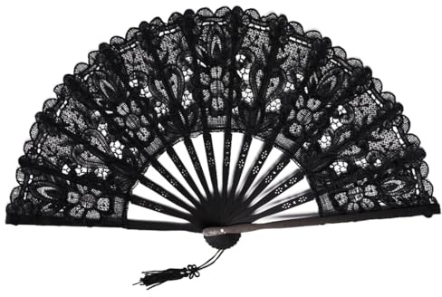 Anlising Handfächer Schwarze Spitze, Spitzenfächer mit Quaste Vintage, für Hochzeit, Fasching, Party