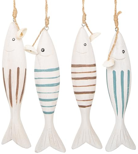 Logbuch-Verlag 4 große Holzfische Fische mit Schnur zum Aufhängen Maritime Dekoration Fischernetz Badezimmer Deko blau weiß 18 cm
