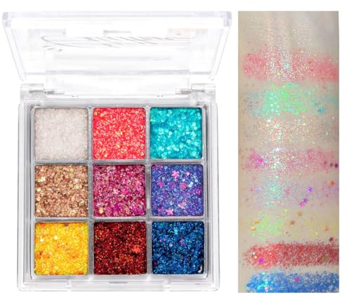 Glitzer Lidschatten Palette, 9 Farben Lidschatten Palette, Multichrome metallisch Lidschatten Palette, langlebig Glitzer Eyeshadow Palette, für Masquerade, Rot Orange Gelb Blau Lila Weiß
