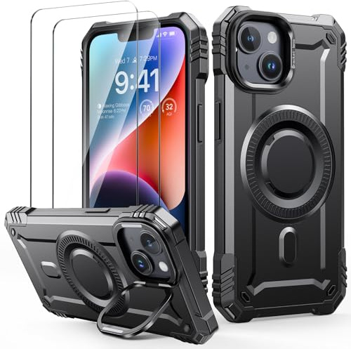 Lanhiem Cover per iPhone 13 / iPhone 14, Magsafe con Supporto Protezione Completa del Corpo a 360°con 2 Vetro Temperato, Militare 14FT Antiurto Resistente, Custodia per iPhone 14 / iPhone 13, Nero