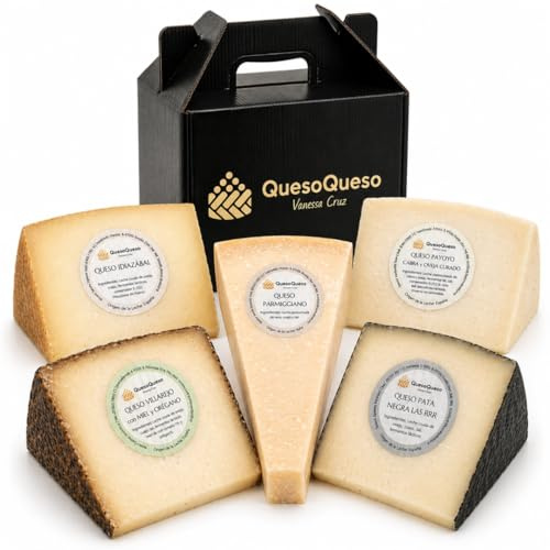QUESOQUESO® Caja de Quesos Gourmet Regalo | Regalo Personalizado | 5 Cuñas Queso Curado de Oveja, Cabra y Vaca | Queso Parmesano, Payoyo, Idiazabal, Andaluz y con miel y oregano | Pack Más Buscados