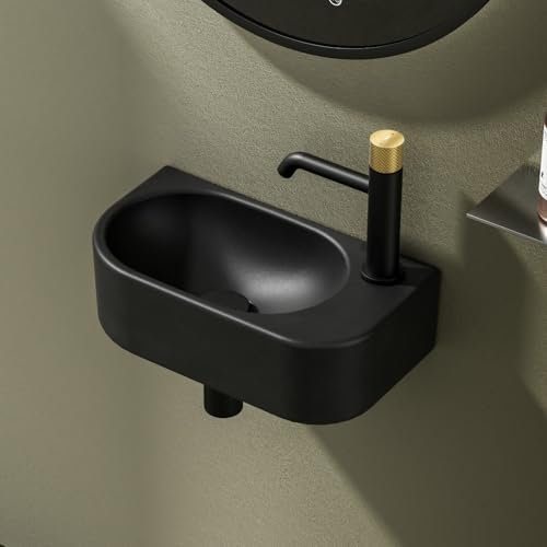 EMKE Lavabo de Cerámica 400 x 215 x 120 mm, pequeño, Lavamanos para montar, grifo a la derecha, lavabo suspendido para fijar en la pared para WC de invitados y baño, negro mate