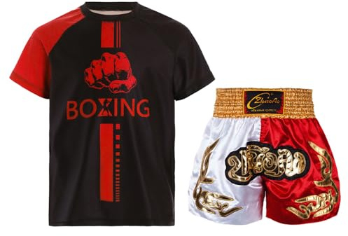 Runhomal Pantalones Cortos para Niños de Boxeo MMA Kickboxing Artes Marciales Entrenamiento Competición Conjunto Deportivo 5-16 Años, 5-6 Años