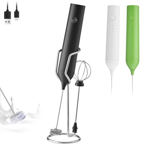 ELMWAY 3-Speed Rechargeable Milk Frother with Stand, Handheld Electric Whisk for Coffee, Latte & Matcha, USB-C Charging, 2 Whisks & Long-Press Stop – Black