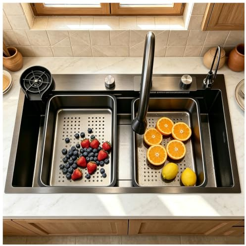 HZKSINNK 80x45cm Fregadero de Cocina de 1 Cubeta, cascada Fregadero de Acero Inoxidable, con Grifo Cocina Extraible, lavadora de vidrio, sifón, rebosadero y desagüe así como otros accesorios