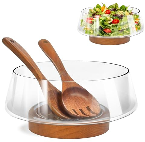 PROLEE Glass Salad Bowl Set,Large Glass Salad Bowls with Solid Wood Base Servers,Elegance Salad Serving Bowls for Kitchen Utensils and Party(Clear)