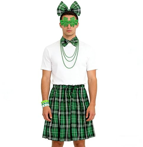 Caxndycing Ensemble écossais pour hommes pour St. Patricks Day à carreaux Kilt et Barrett Mini-jupe Bonnet Écossaise Lady Écosse Costume de fête Accessoires irlandais à carreaux Costumes de carnaval