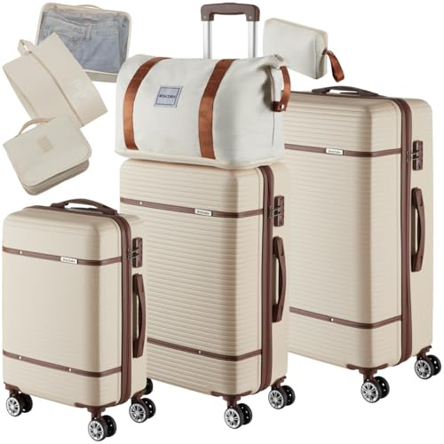 tectake® Set Valigie Da Viaggio, 13 Pezzi, Valigie Impilabili in ABS, Finiture in Similpelle, Rotelle Girevoli a 360°, Lucchetto TSA, Manico Telescopico Regolabile, Interno Separabile – Crema