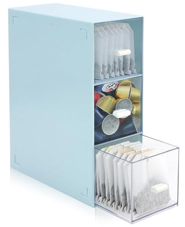 QZDAFFIC Tea Box Tea Bag Holder, Stackable Tea Bag Organiser with 3 Drawers, Plastic Teabag Storage for Cosmetic Coffee Sugar Sachets Pantry(Blue)