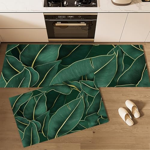 CDXNORA Minimalistische Kunst 2-Teiliges Rutschfestes Küchenteppich Set, Waschbare Matten Und Teppiche Für Flur, Esszimmer Und Eingangsbereich,Grüne Blätter Goldenem Rand 40×60 cm+40×120 cm