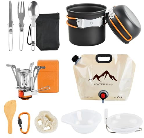 Set di Pentole da Campeggio Cucina Campeggio Utensili Set Gavetta Campeggio Portabile con Fornellino da Campeggio Tazza Piatti Posate Pieghevoli per Picnic Zaino in Spalla Trekking Escursionismo