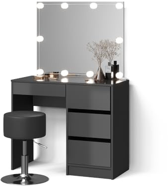 Livinity Schminktisch Imola Anthrazit | mit LED Beleuchtung und Hocker