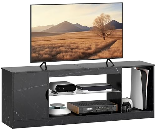 HOMCOM TV Stand Cabinet TV Unit up to 55 Television Glass Shelf Black | Marble Effect, Storage Cabinet, Entertainment Unit, Living Room, Bedroom