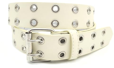 Lemasi 2-Loch 3-Loch Nietengürtel Ösen Gürtel Jeansgürtel Damen Herren echt Leder & PU schwarz, weiß (2-Loch weiß, 115cm)