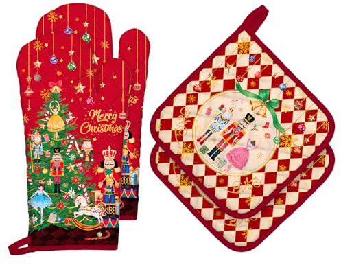 Arquiel Weihnachten Nussknacker Ofenhandschuh & Topflappen 4er-Set | Baumwoll-Küchenset mit Weihnachten Nussknacker-Motiv, hitzebeständig und praktisch zum Kochen, Backen und Grillen.