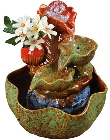 9.25'' Indoor Ceramic Tabletop Fountain with 3-Tier Flow, Colorful Glaze, Bonsai Fish Bowl & 10 Natural Crystals – Zen Decor for Home or Office, Meditation Water Feature