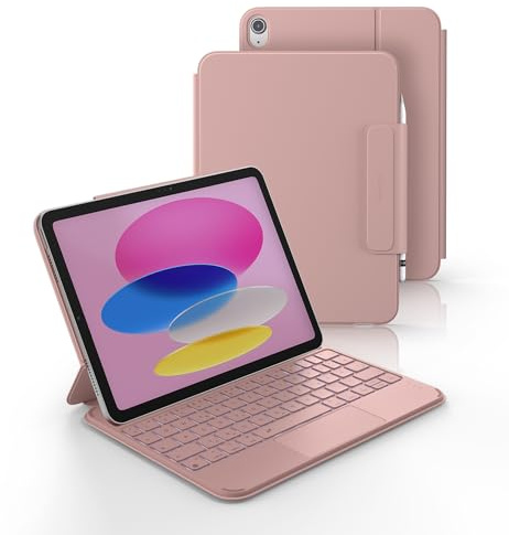 Dexnor Hülle mit Tastatur für iPad 11 Generation A16/10 Generation (11/10.9 Zoll, 2025/2022), Magnetische Ultradünn Abnehmbares Folio, mit Multi-Touch Trackpad Beleuchtung Stifthalter, QWERTZ, Rosa