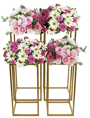 Soporte para flores de metal dorado y 4 piezas, soporte para plantas al aire libre, boda, columna de flores, metal, estable y elegante, taburete para bodas, celebraciones, eventos, balcón