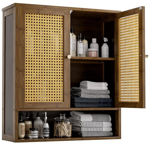 vovala Mueble de Pared para baño, Organizador de Almacenamiento de bambú sobre el Inodoro con 2 Puertas de ratán y Estante Ajustable, botiquín de Ahorro de Espacio para lavandería, Cocina (Nuez)