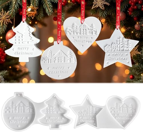 CHIHOLEN Stampi in silicone natalizi, 4 stampi in silicone per decorazioni natalizie, stampo in silicone per albero di Natale, stella, cuore, forme in gesso per la fusione per la decorazione natalizia