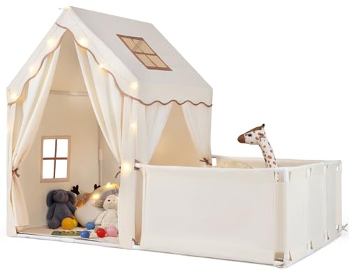 GOPLUS Kinderzelt groß mit Spielbereich, 2-in-1 Innen-Spielhaus mit Hof, Sternenlichter, Waschbarem Kissen, Tür, Vorhänge, Fenster, Spielzelt für 4-5 Jungen & Mädchen ab 3 Jahren (Beige)