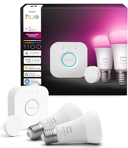Philips Hue Kit de Démarrage, Bridge + Smart Button + 2 Ampoules A60 | Bridge inclus, Ampoules connectées A60, Culot E27, Lumière blanche et couleur, Compatible App, Alexa, Google & Apple Home