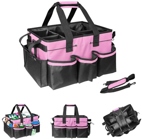 Could Spark Pink Cleaning Caddy, Large Cleaning Bag with Handle & Adjustable Shoulder Strap, Tool Bag for Cleaning Supplies Organizer, Multi-Compartment Cleaner Caddy for Home, Car, Garden