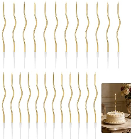24 Stück Gebogene Geburtstagskerzen, Spiral Kerzen Tortenkerzen Gold | Saubere Verbrennung, geruchlos, gleichmäßig, stabiler Halter, für Hochzeiten Jubiläen Cupcakes Kuchen Gebäck Feiern