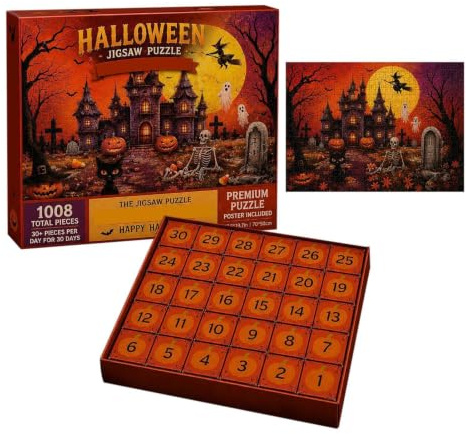 Halloween pussel advent, med spökhus tema, 70 x 50 cm, 30-dagars nedräkningskalender, läskigt pusselspel, säsongssamlarpussel, för barn, vuxna, festplanerare, skola
