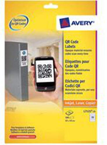 Avery Dennison L7121-25 QR-Code-Etiketten, quadratisch, blickdicht, Weiß, 20 Etiketten pro Blatt, 500 Etiketten 45 x 45 mm